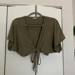Khaki Cropped Tie Front Top